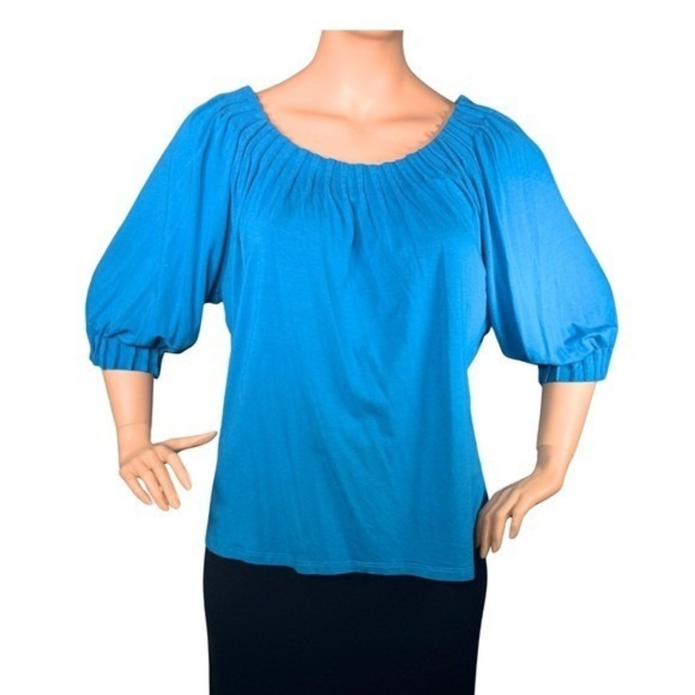 Soft Surroundings Teal Blue Puff Sleeve Peasant Blouse 2X Rayon Stretch Top‎
